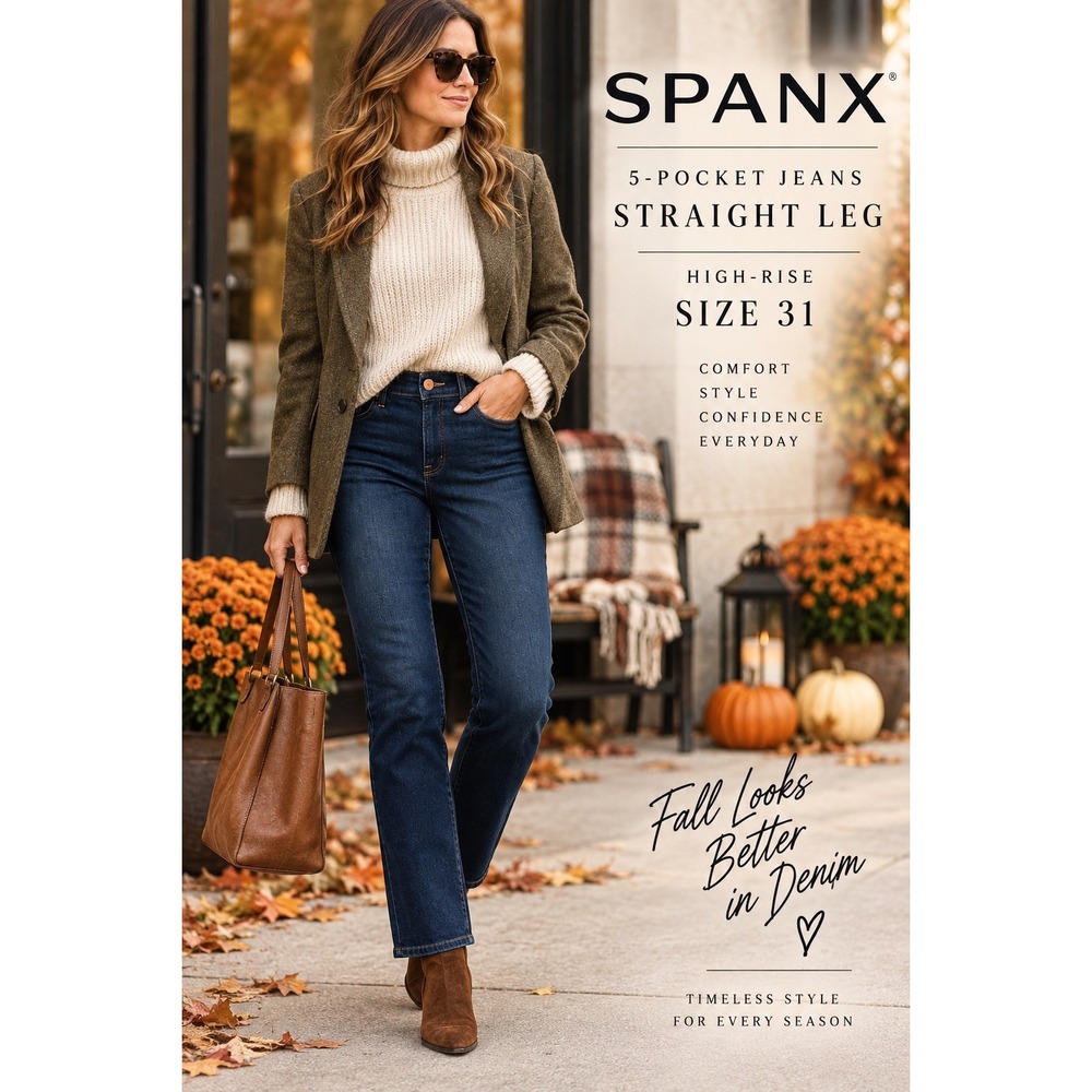Spanx Womens High-Rise 5-Pocket Straight Leg Jeans Dark Indigo Blue Size 31